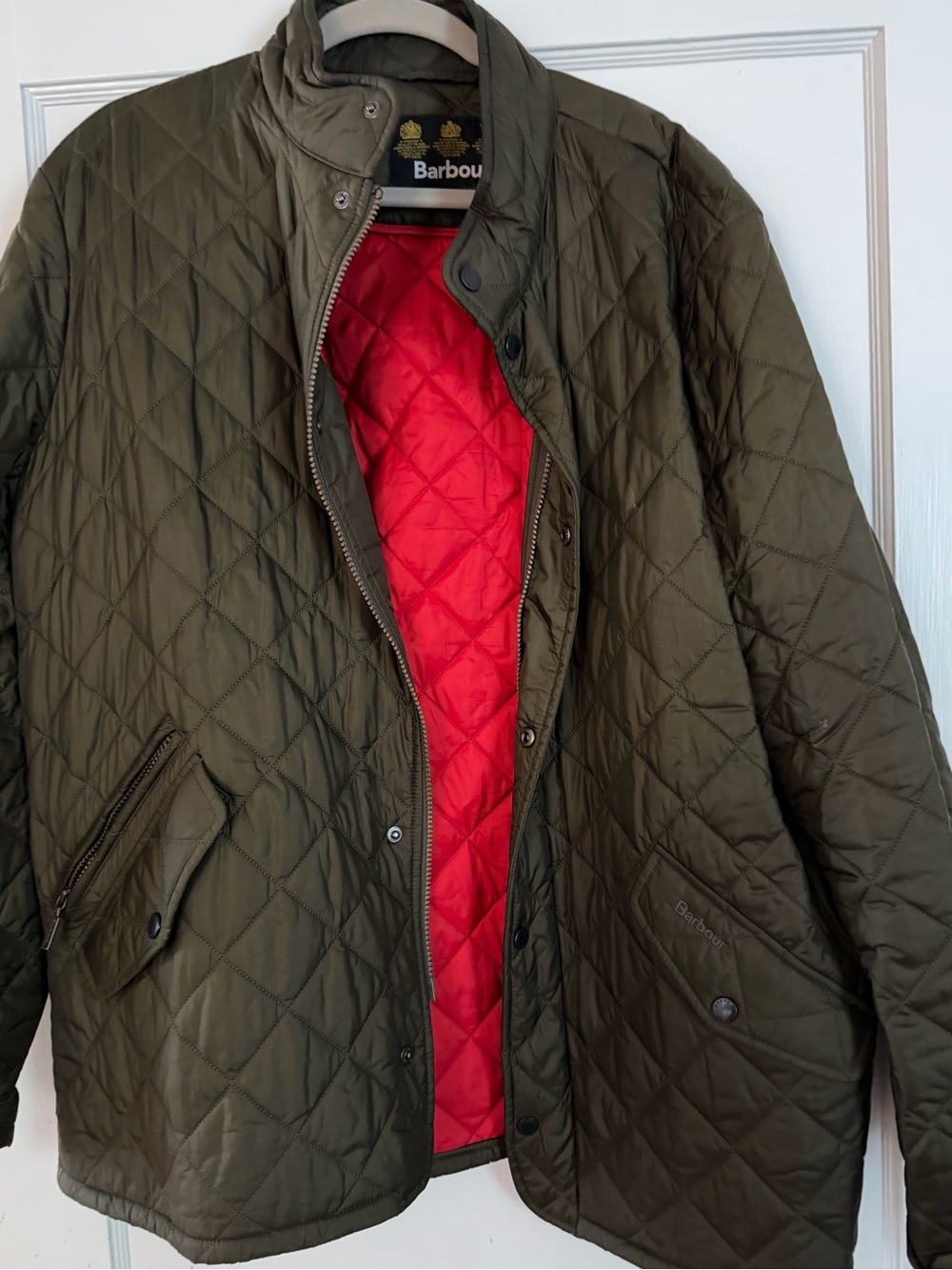 Barbour Olive Quilted Jacket with Red Interior